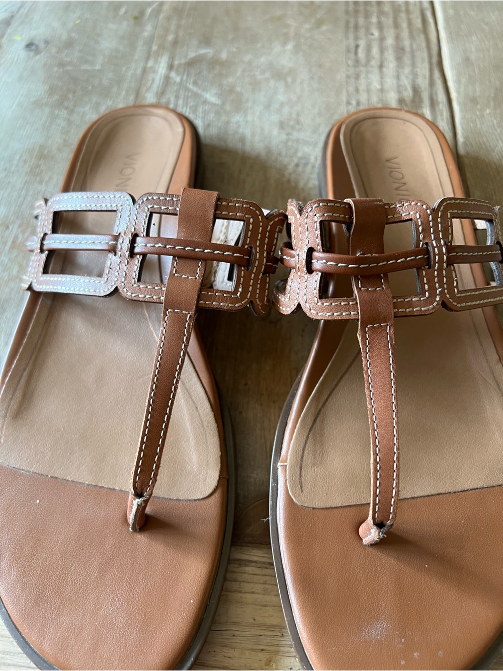 Vionic Tan Brown T-Strap Leather Slide Sandals - Picture 4 of 11